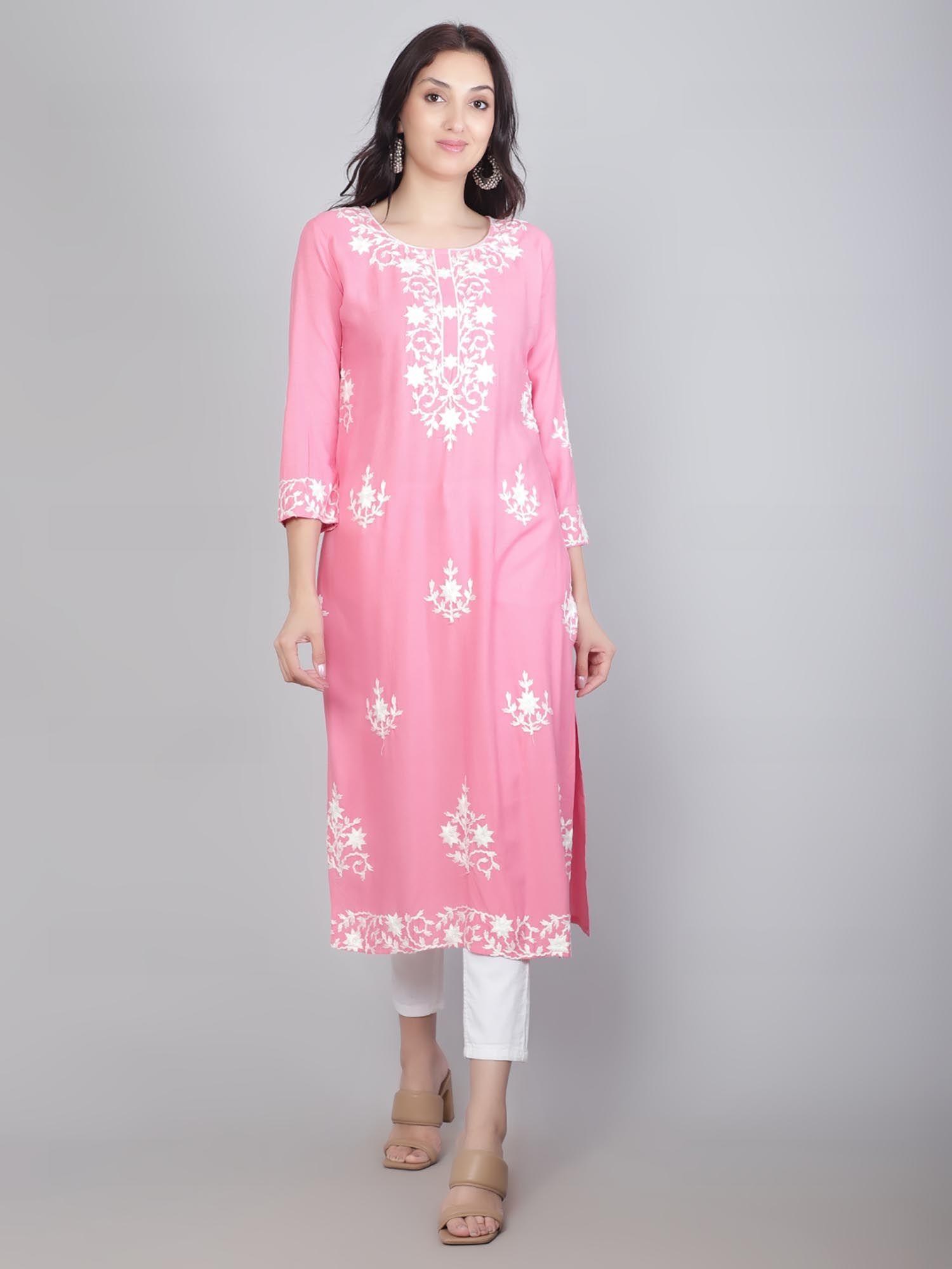 pink rayon lucknowi chikankari work straight kurta