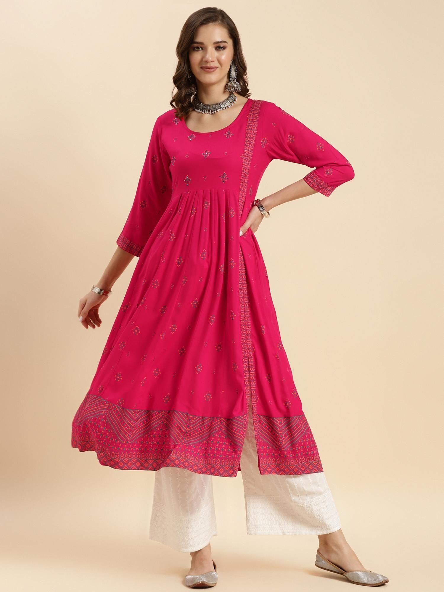 pink rayon printed calf length front slit kurta