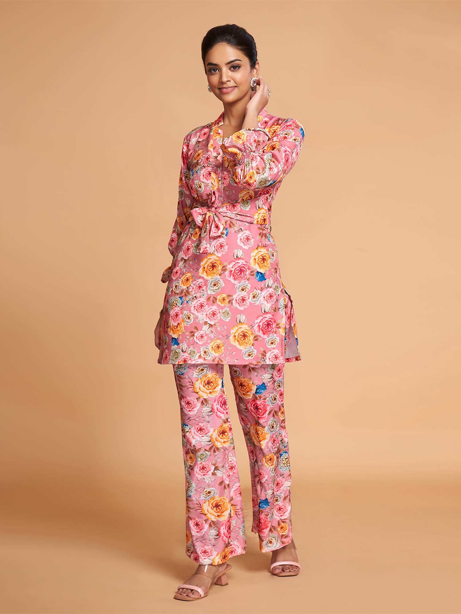 pink rayon printed stitched co ord (set of 2)