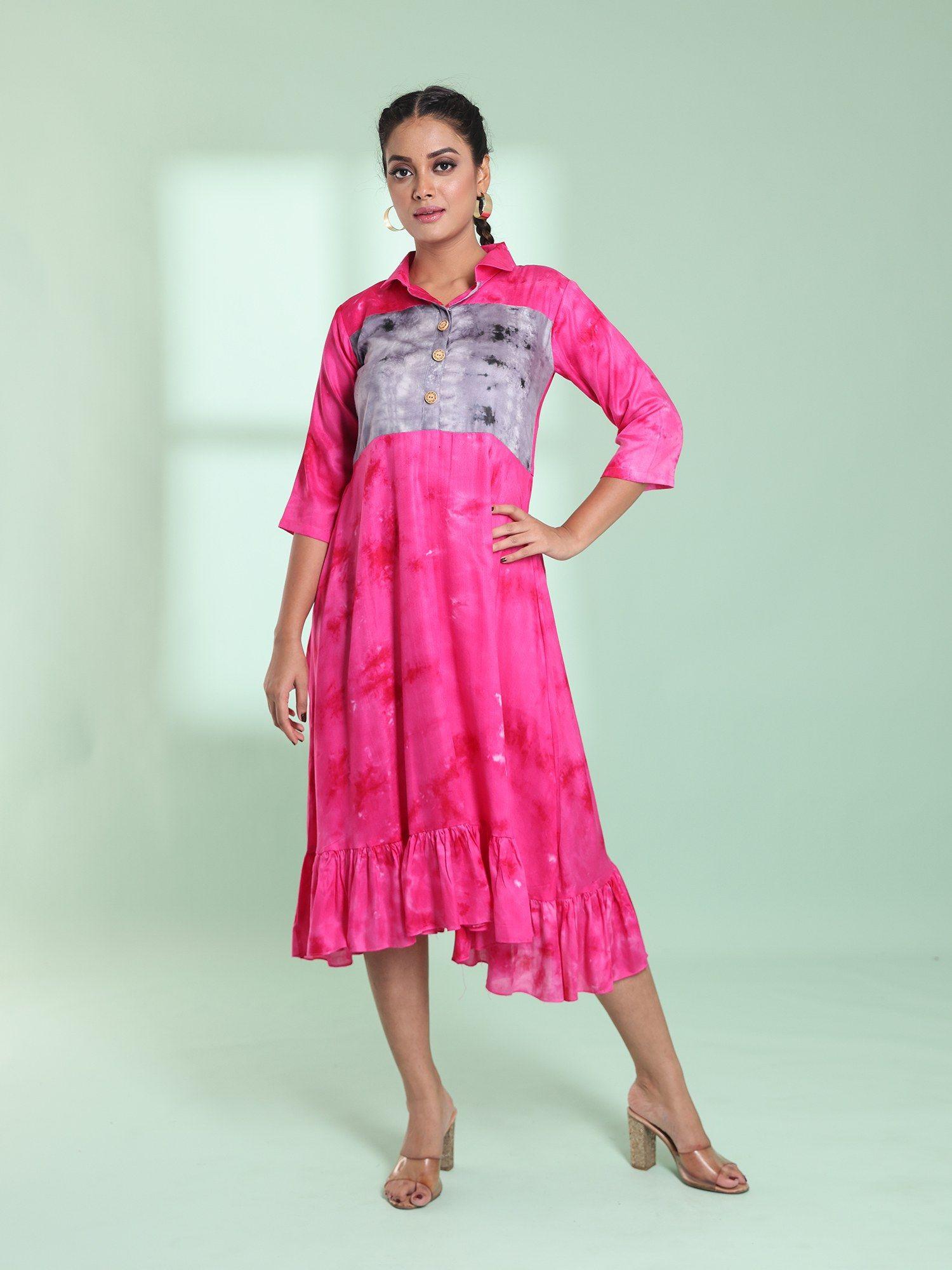 pink rayon printed stitched ethnic dress