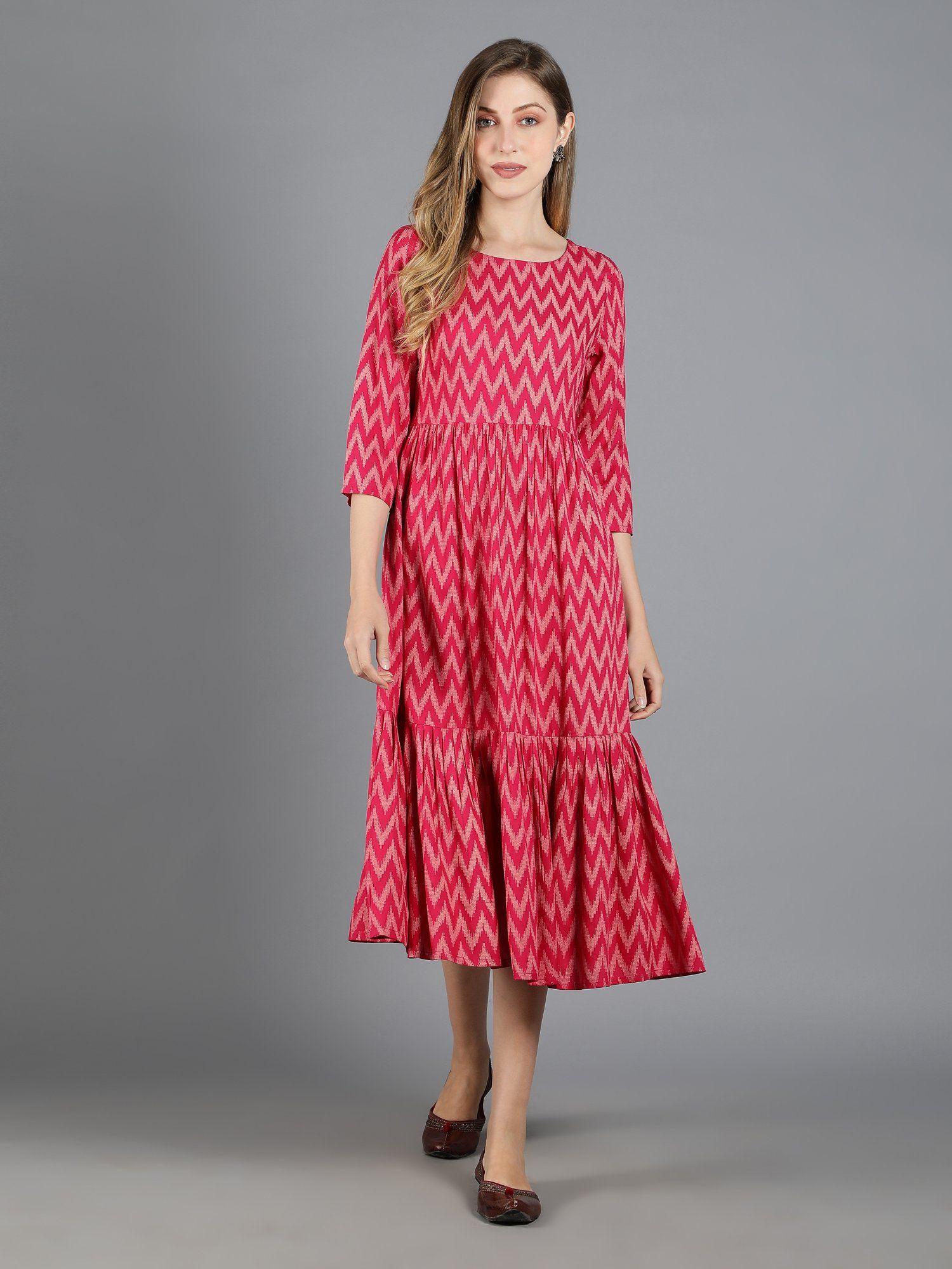 pink rayon printed tiered dress