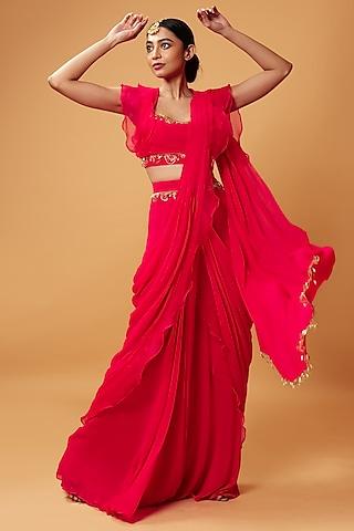pink-red georgette & organza ruffled saree set