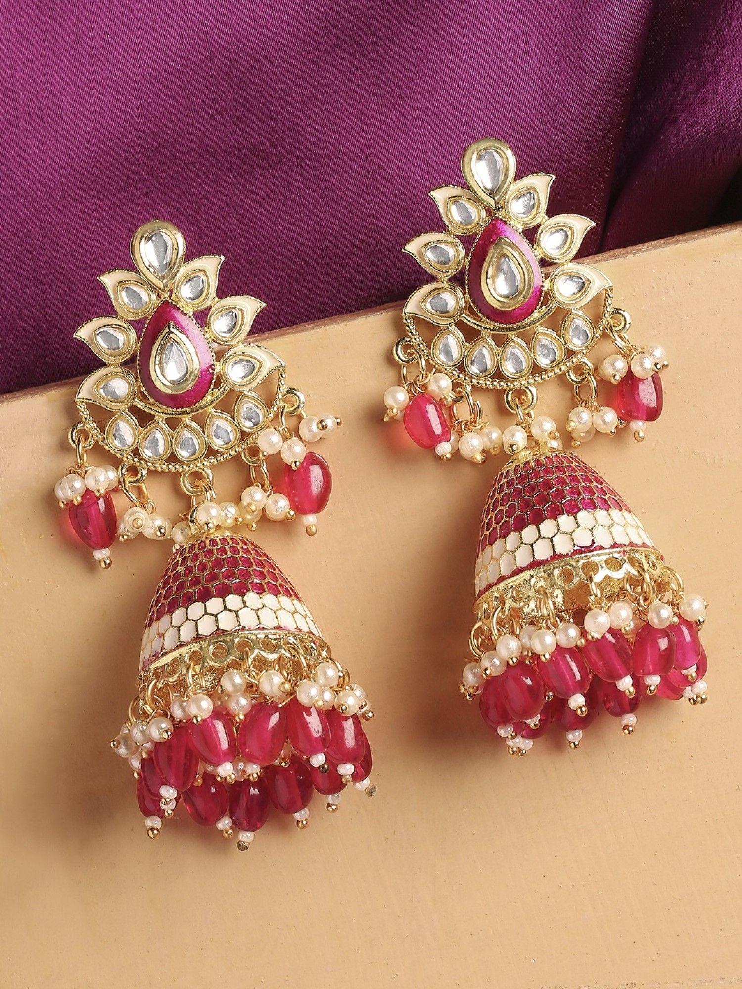 pink red meenakari enamel with kundan and pearls ethnic large jhumka earrings