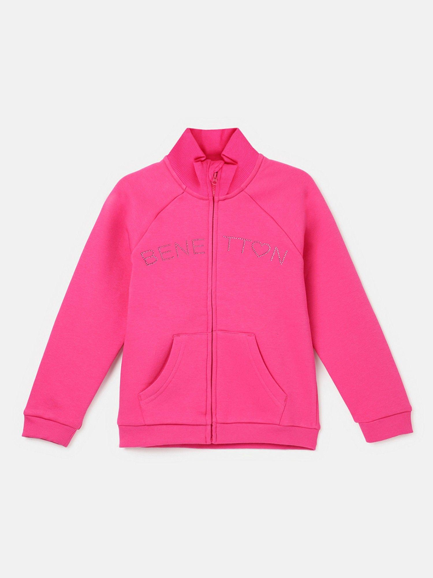 pink regular fit high neck solid girls sweatshirt