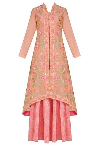 pink resham embroidered asymmetric long jacket with a-line slip