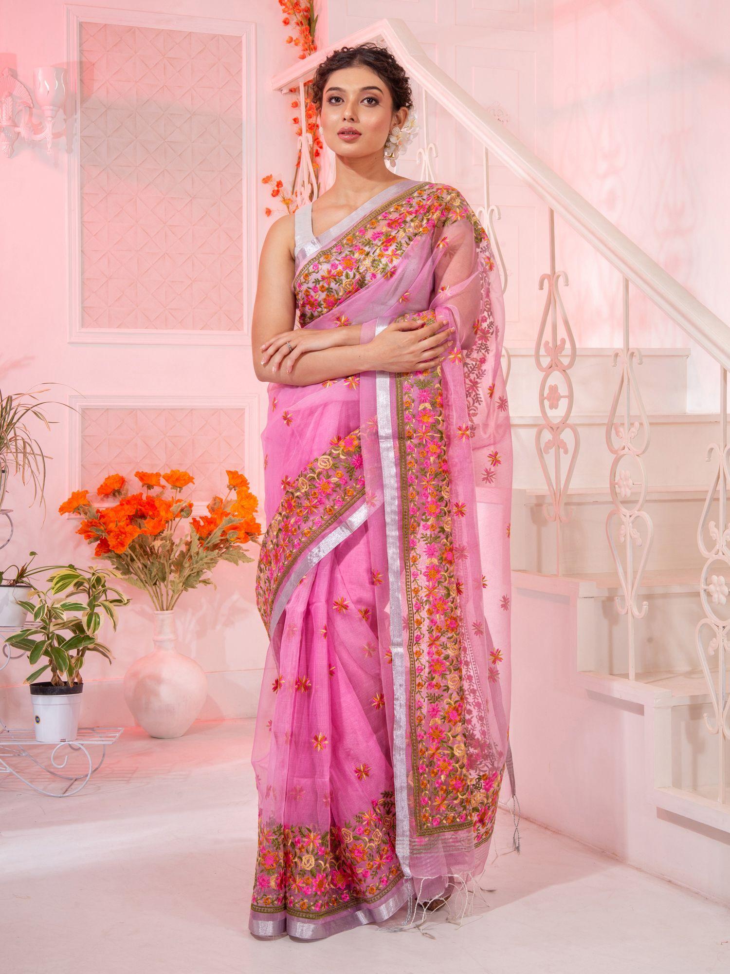 pink resham silk handwoven soft saree with floral border with unstitched blouse