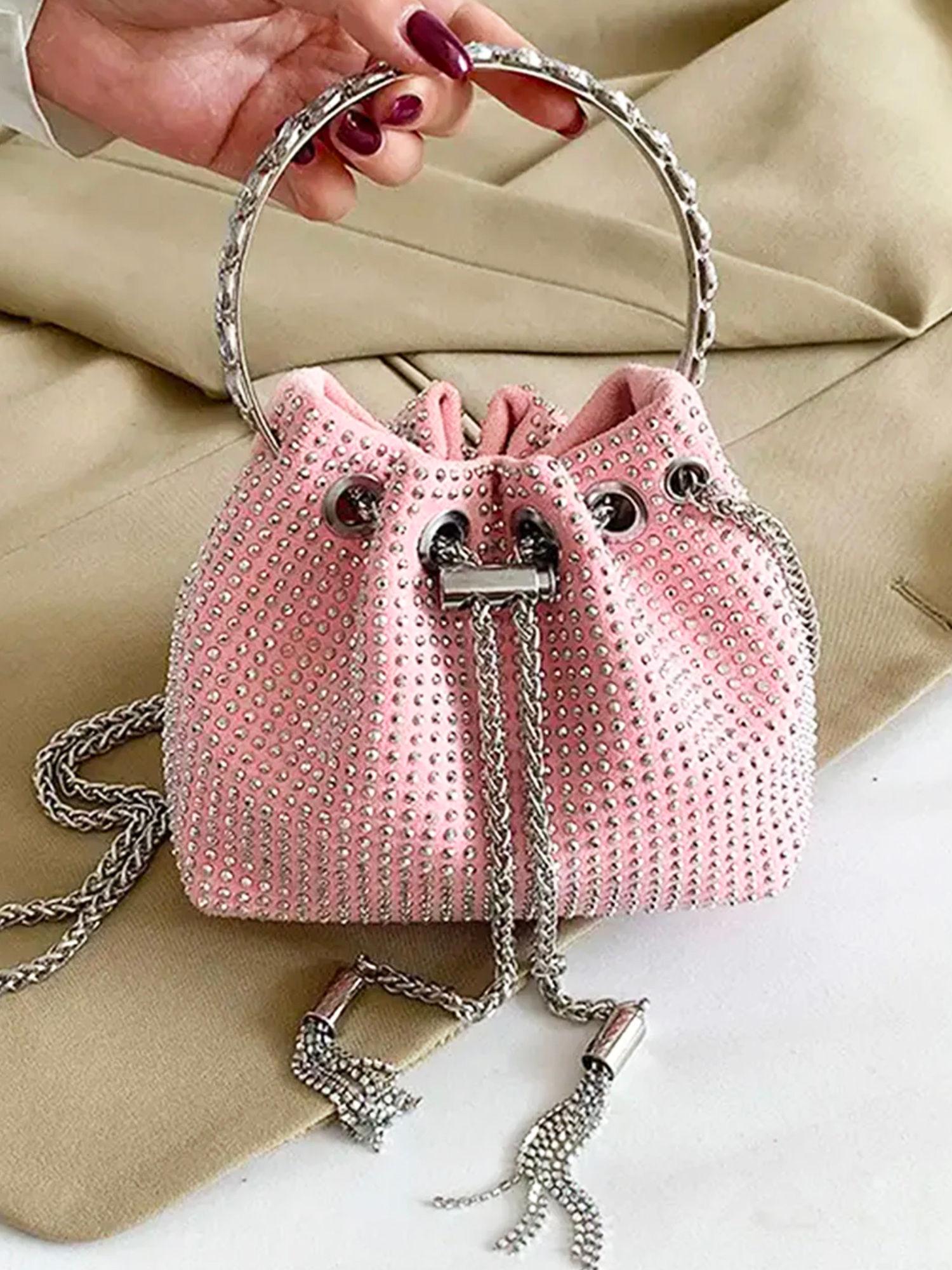 pink rhinestone metal handle handbag