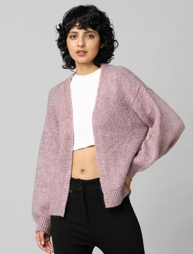 pink rib-knit cardigan