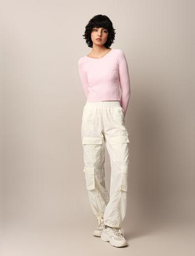 pink rib-knit cropped fitted pullover