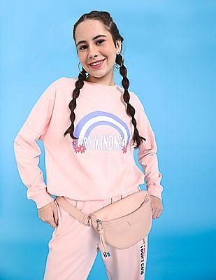 pink ribbed crew neck graphic print cotton sweatshirt