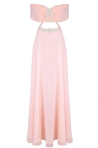 pink rose motifs off shoulder maxi with tights and dupatta
