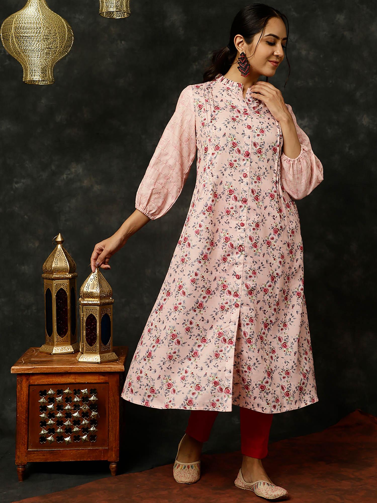 pink rose printed a-link kurta