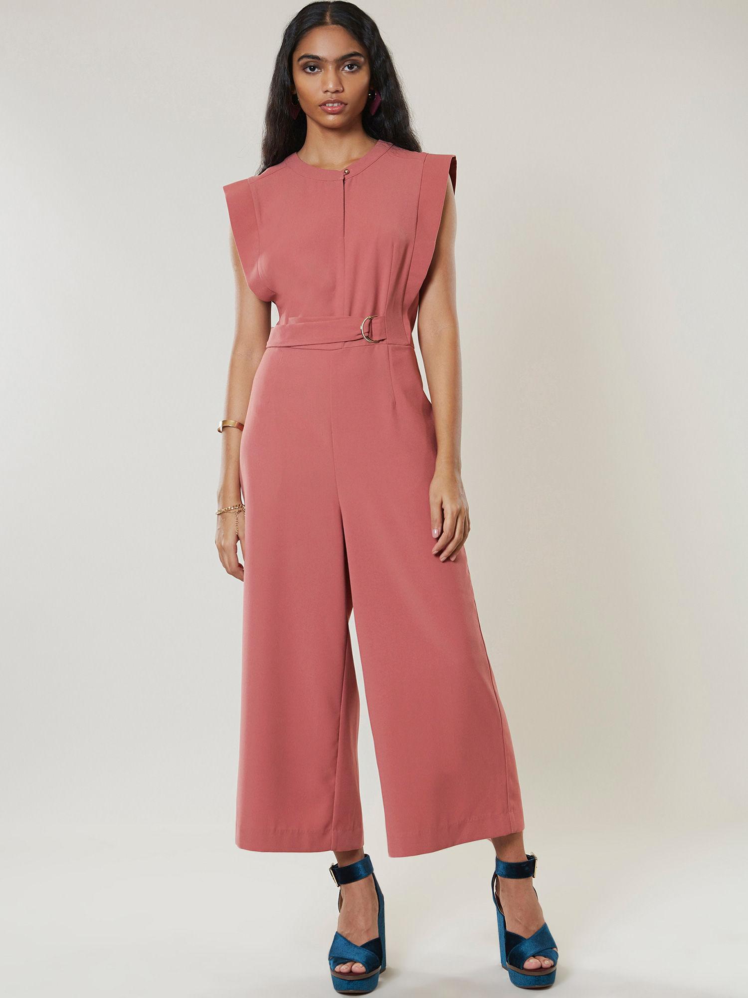 pink round neck cut sleeves jumpsuit