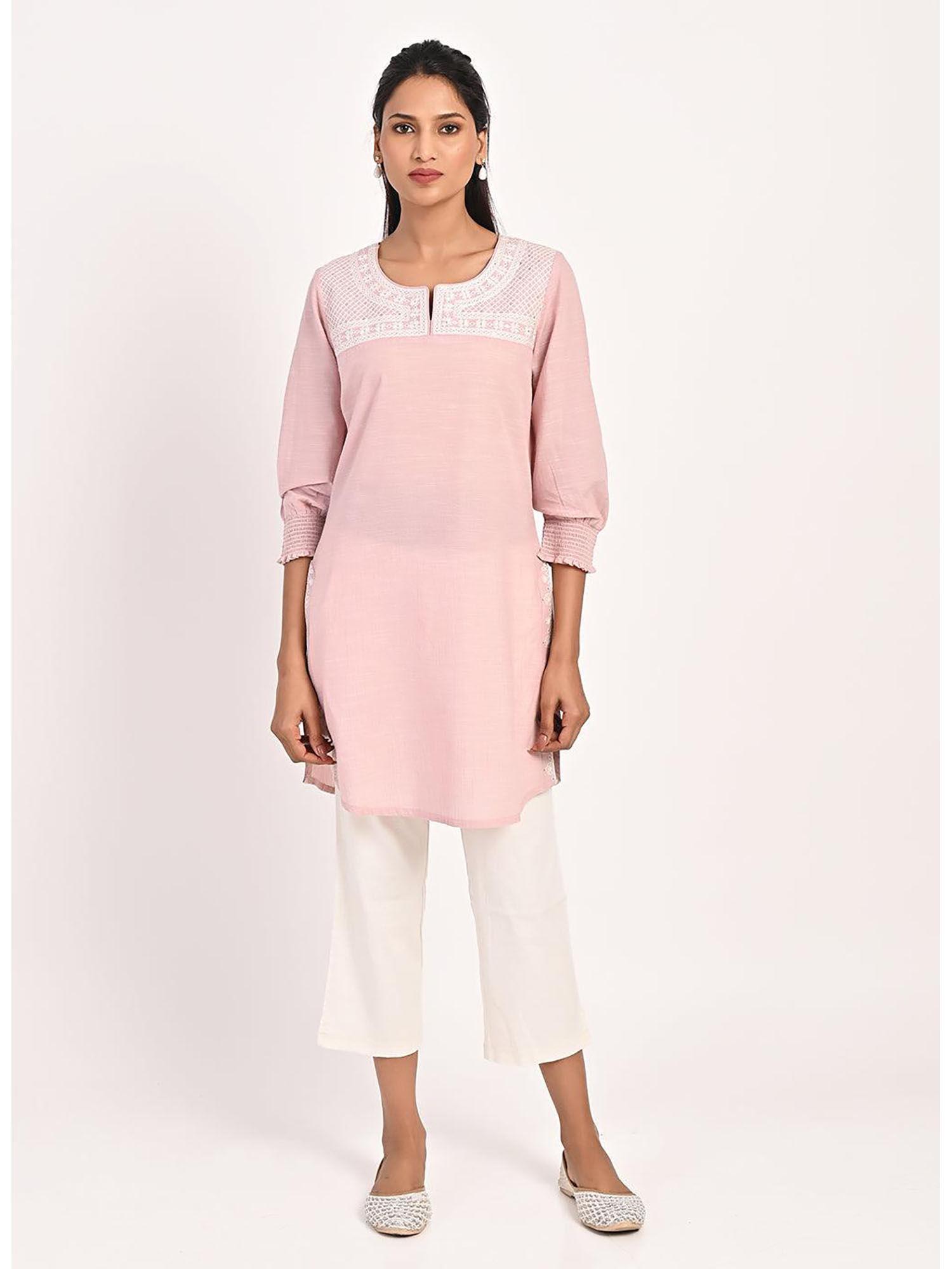 pink round neck embroidered tunic