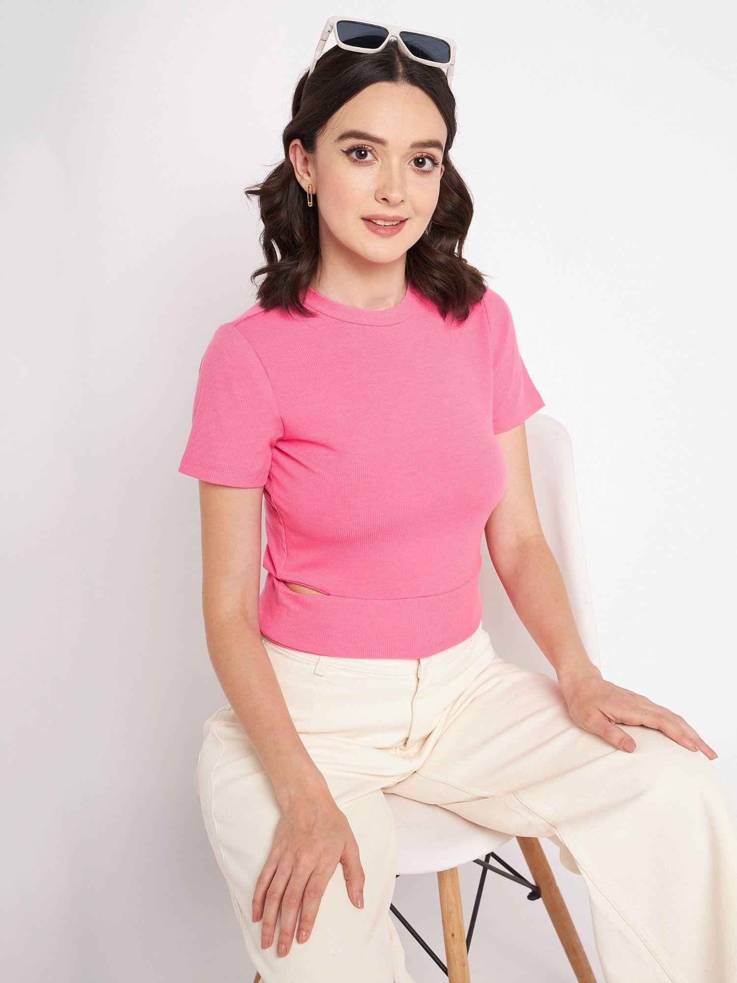 pink round neck half sleeves crop tops