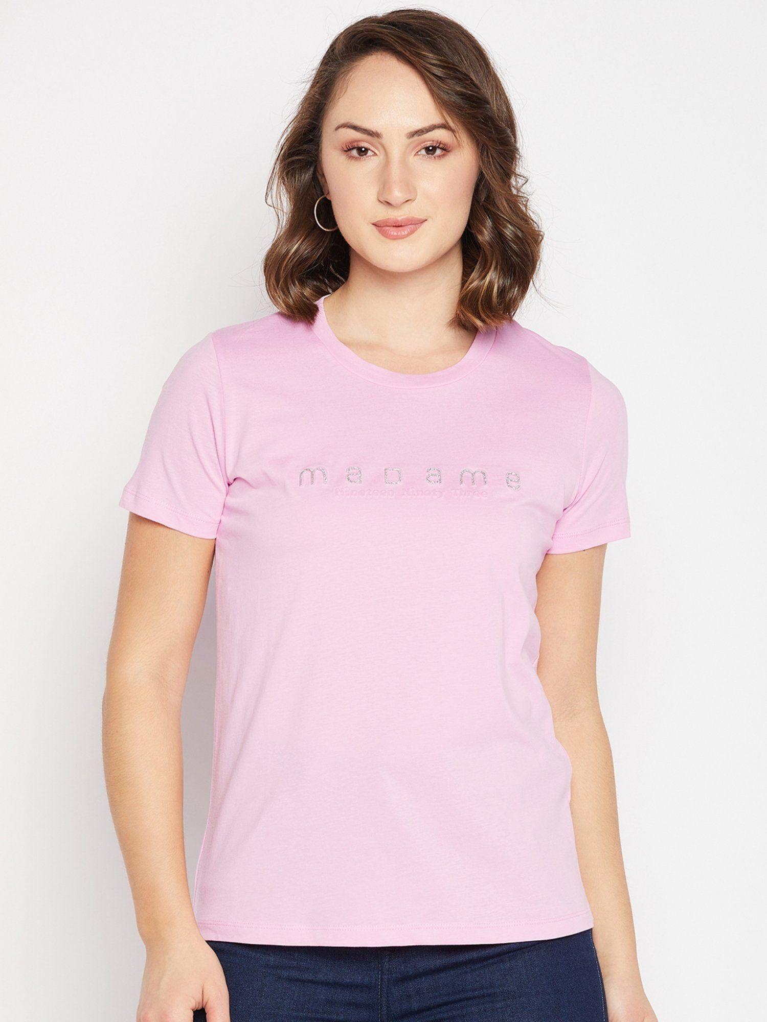 pink round neck half sleeves tops