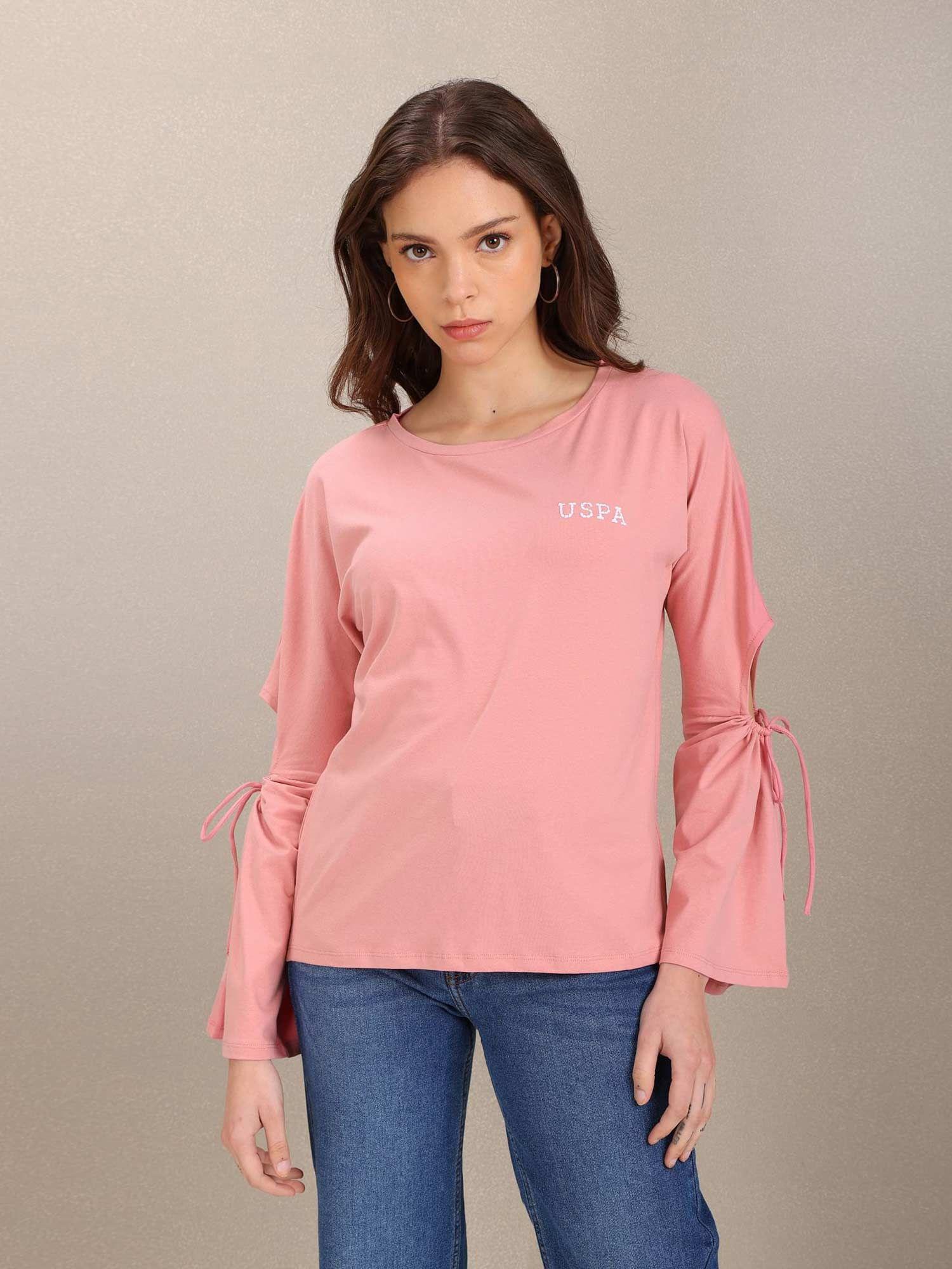 pink round neck long sleeve solid top