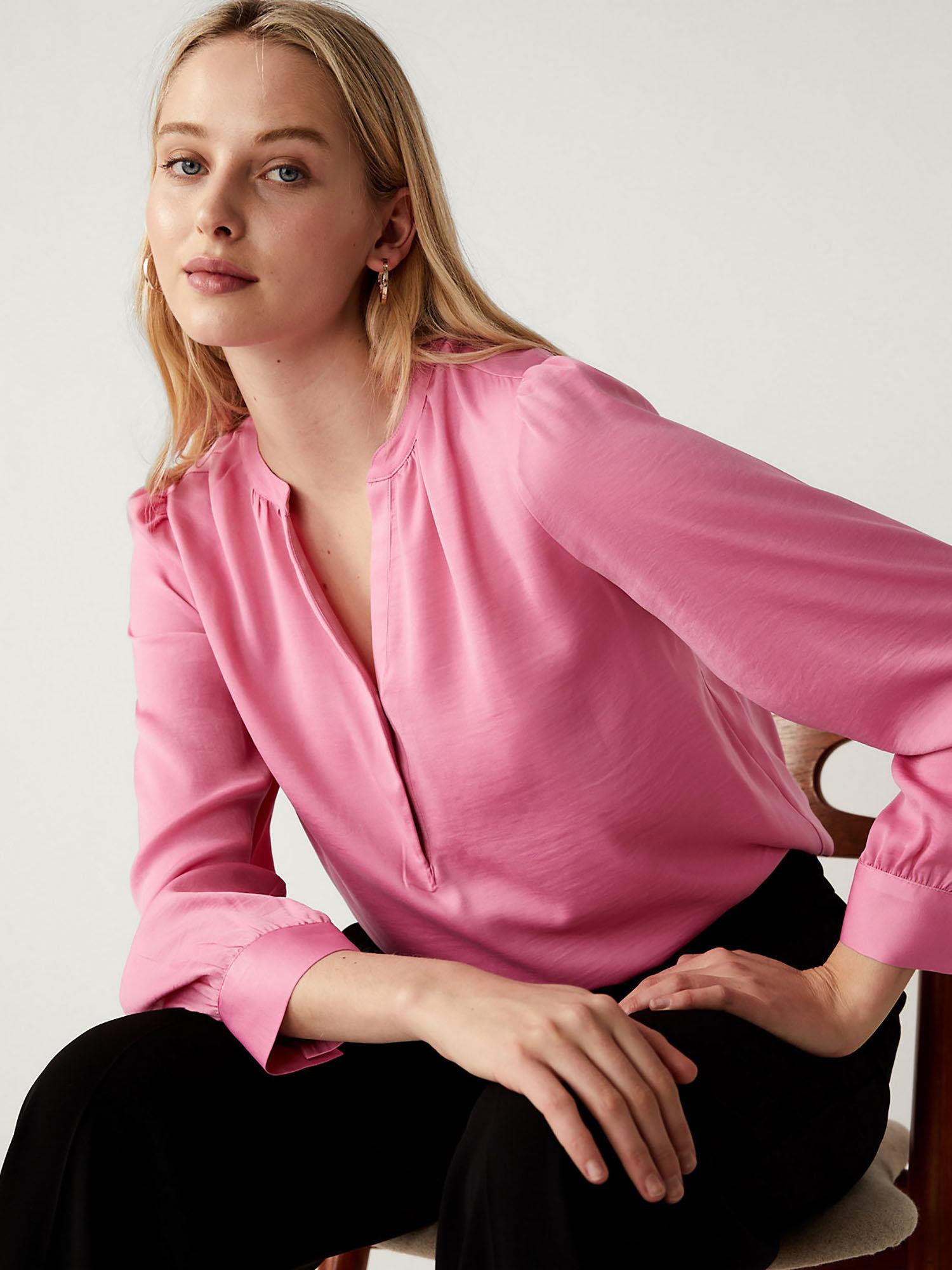 pink round neck popover blouse