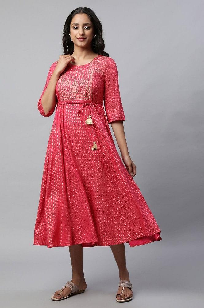 pink round neck printed flared dress