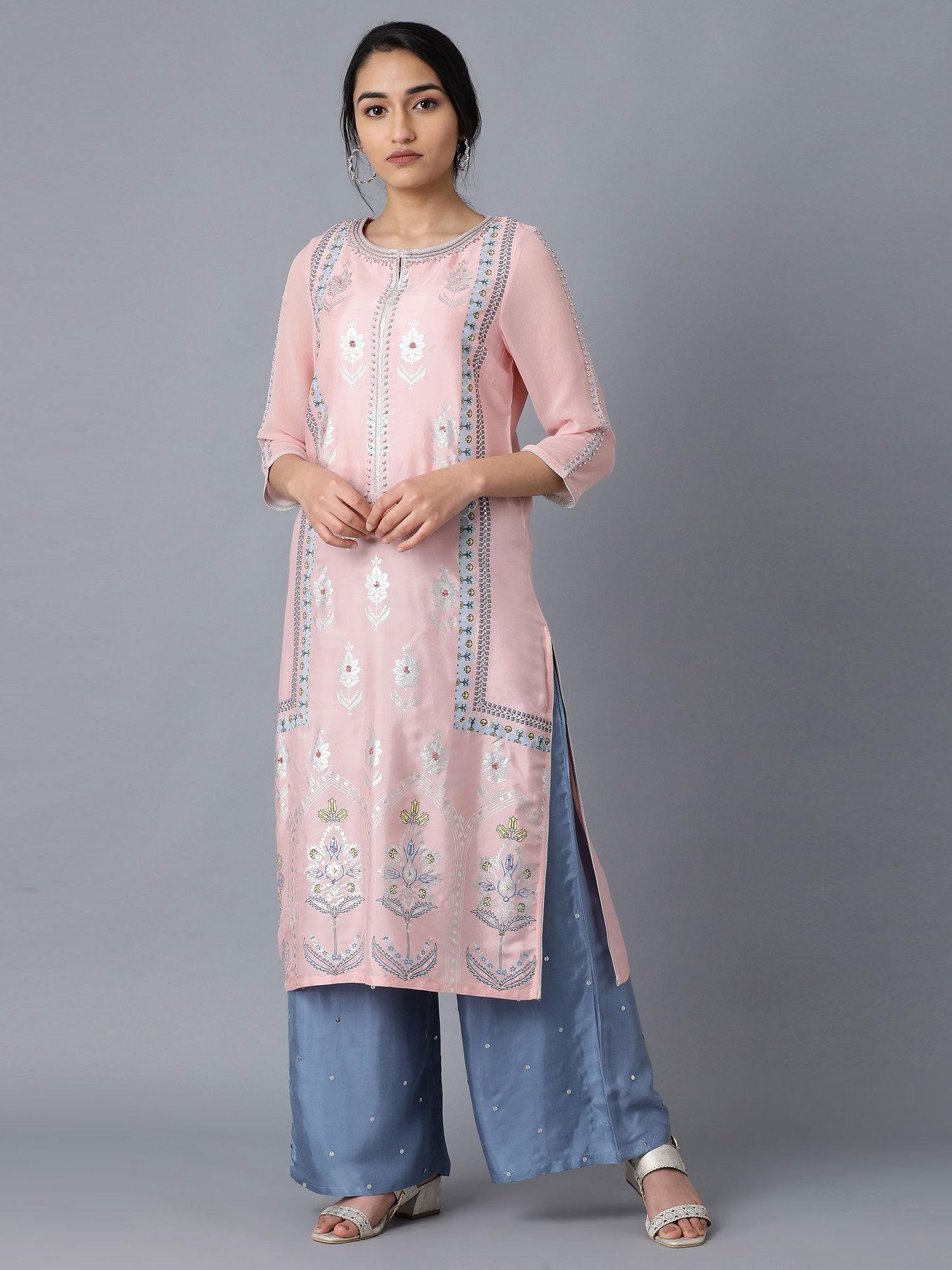 pink round neck printed kurta