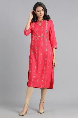 pink round neck printed kurta