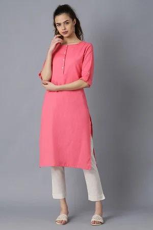 pink round neck solid kurta