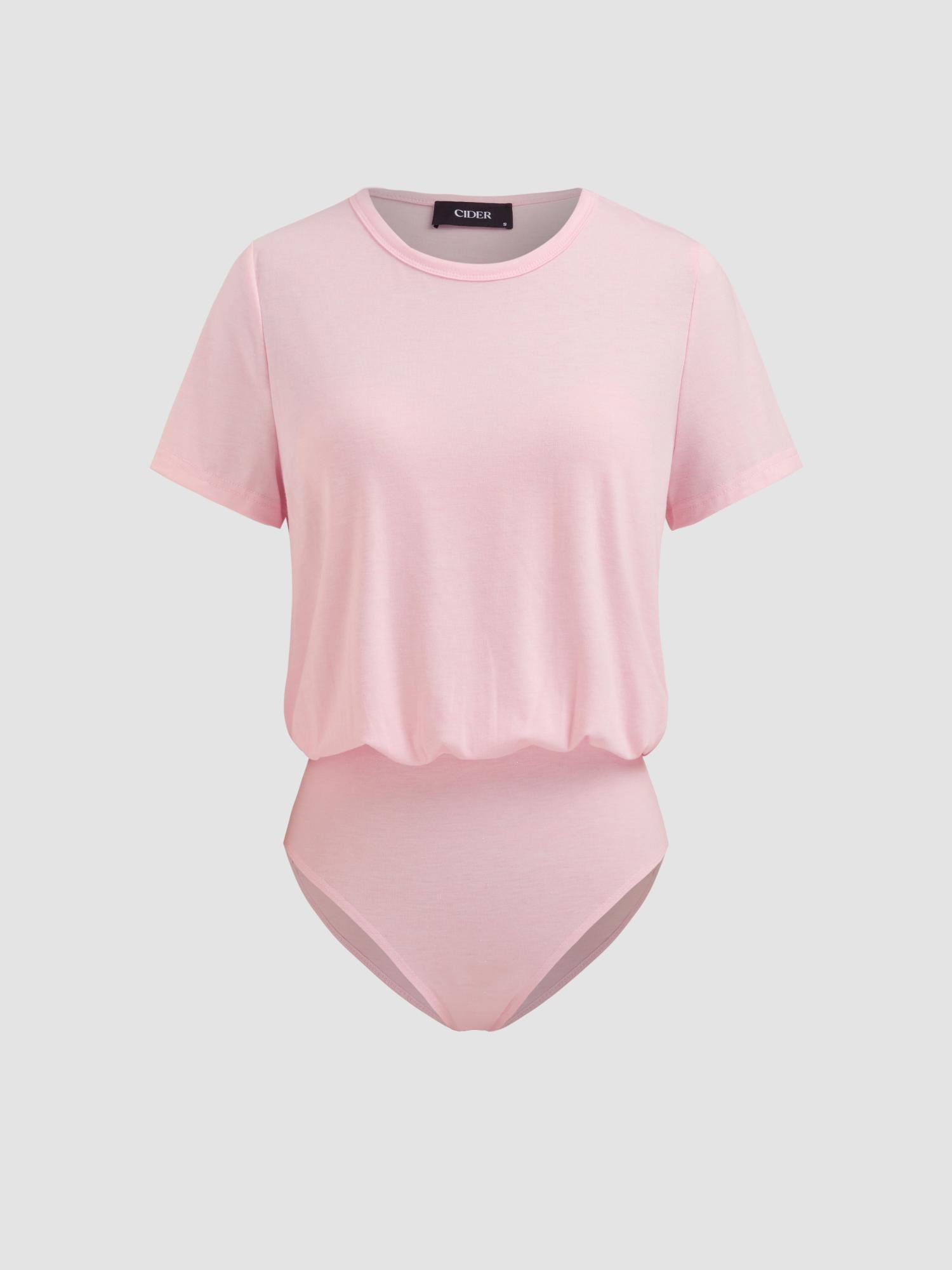 pink round neck solid short sleeve bodysuit