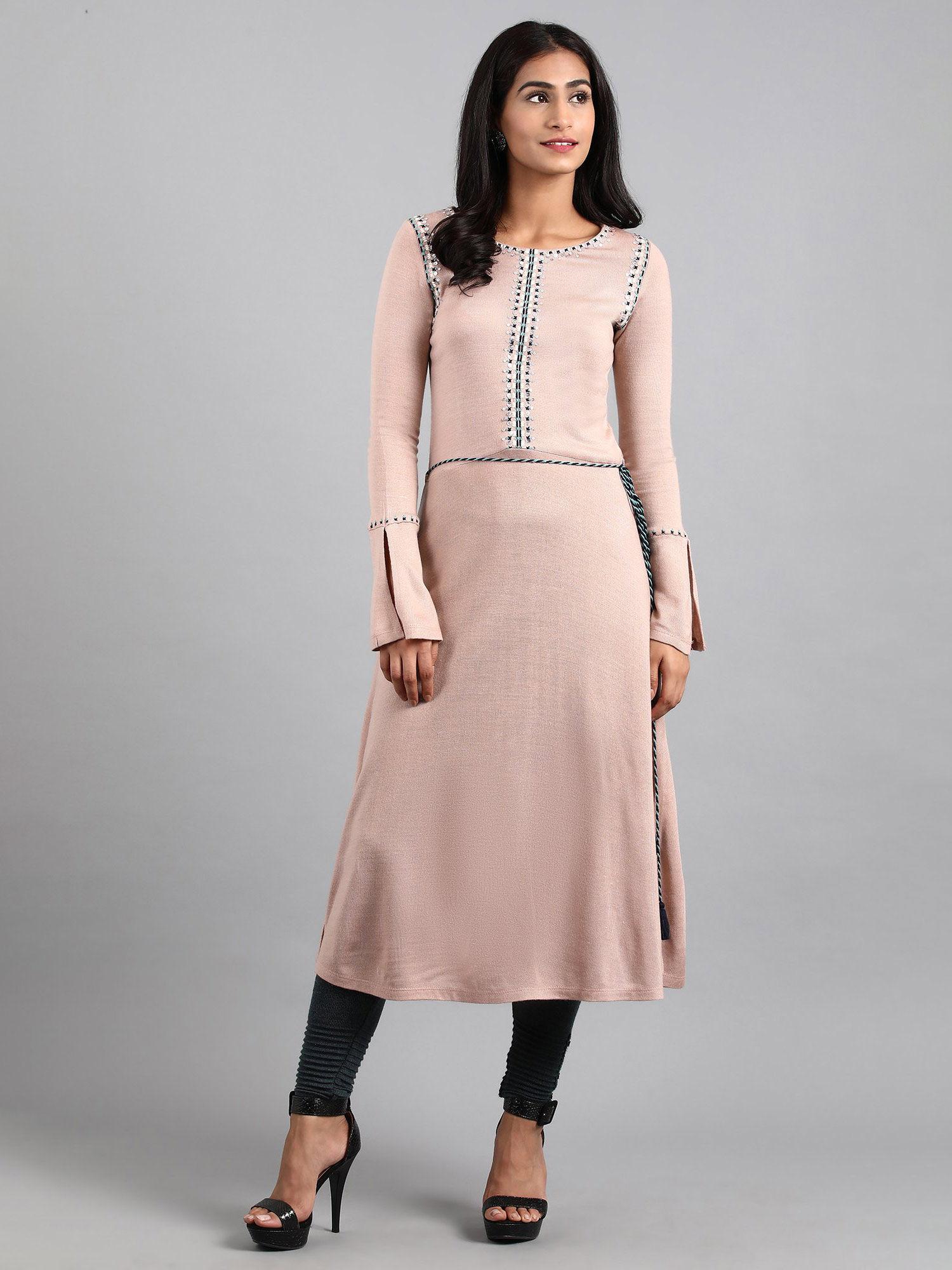 pink round neck winter kurta