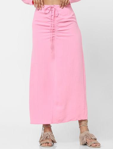 pink ruched detailing midi skirt