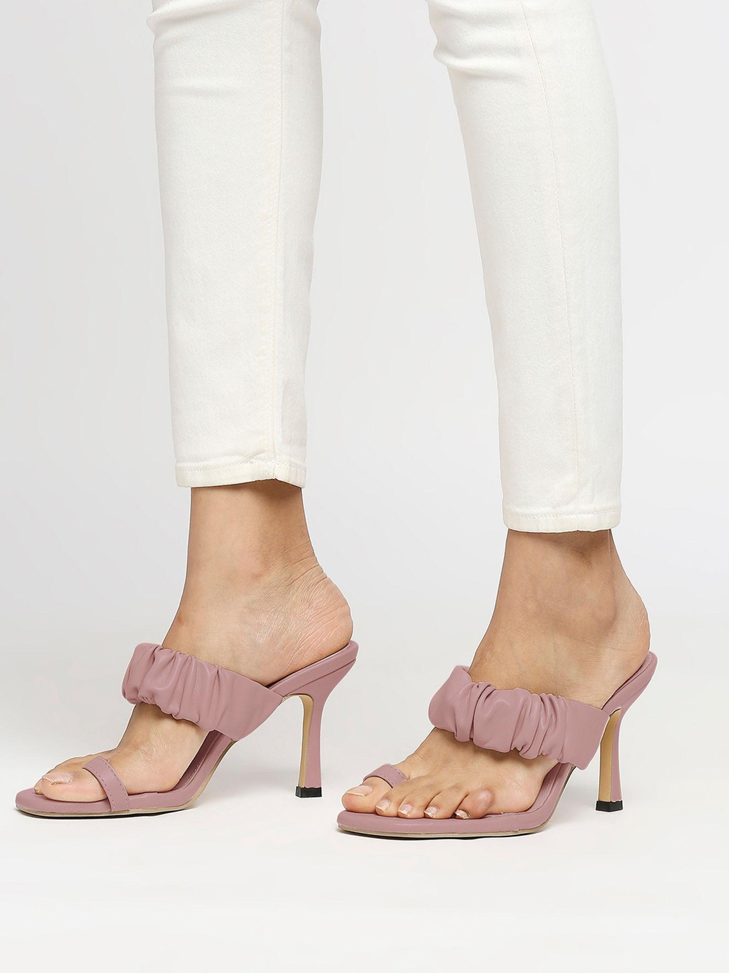 pink ruched front square toe heels