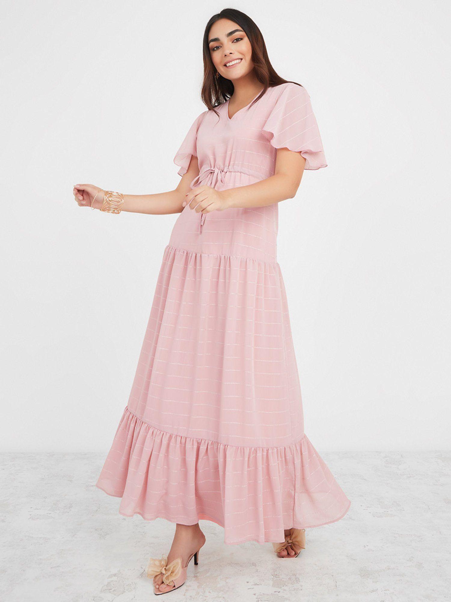 pink ruffled sleeves maxi dress