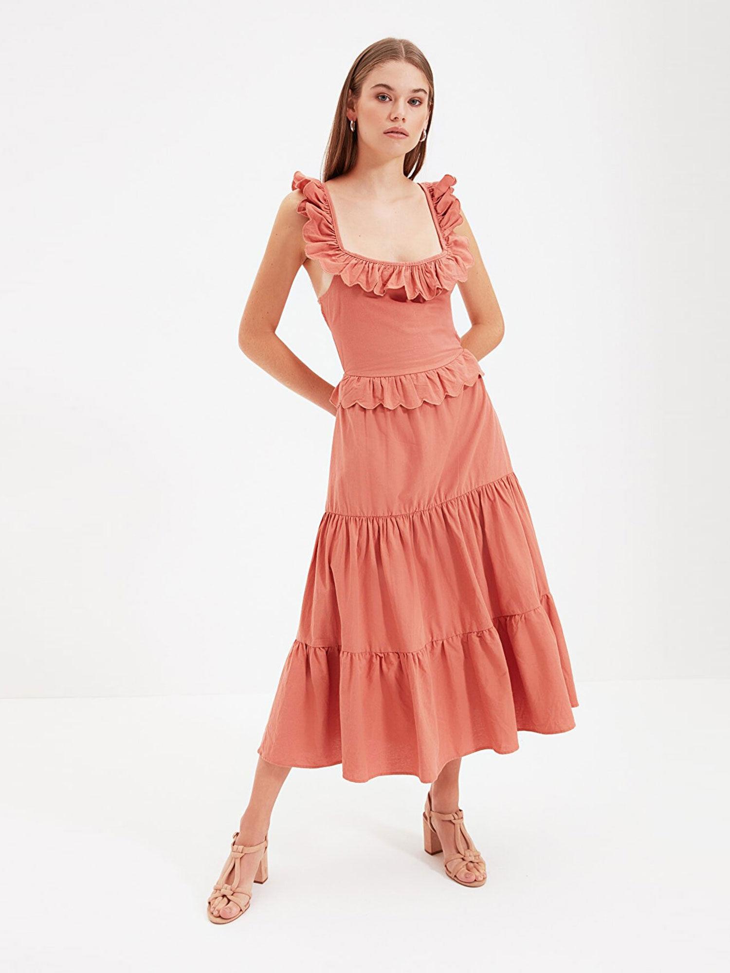 pink ruffled sweatheart neck midi dress