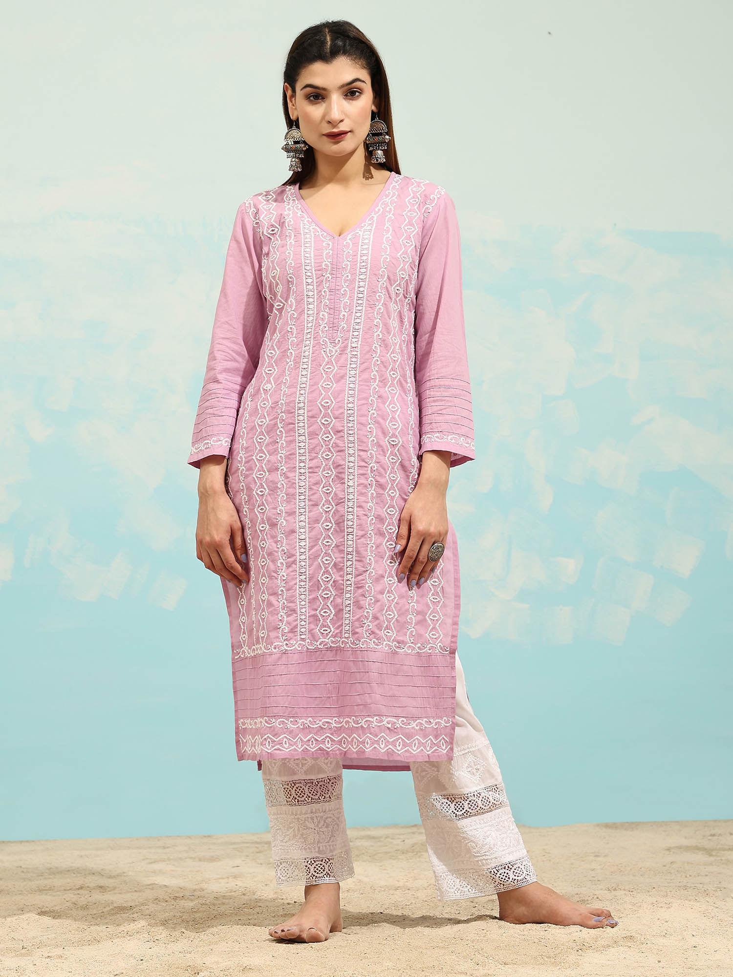 pink samma chikankari long kurta in cotton for women