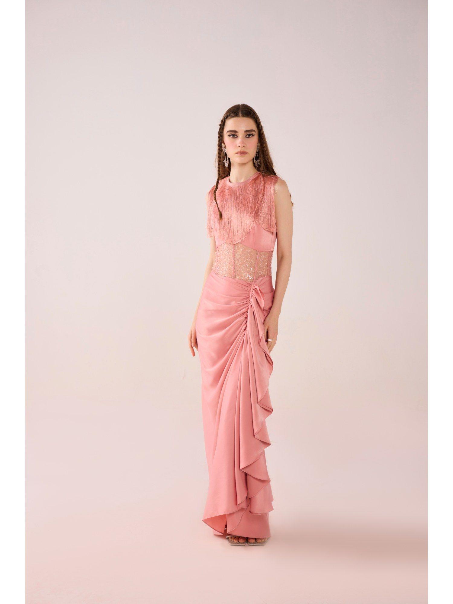 pink sara draped fringe dress