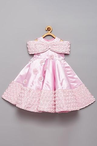 pink satin & rose fabric off-shoulder structured gown for girls