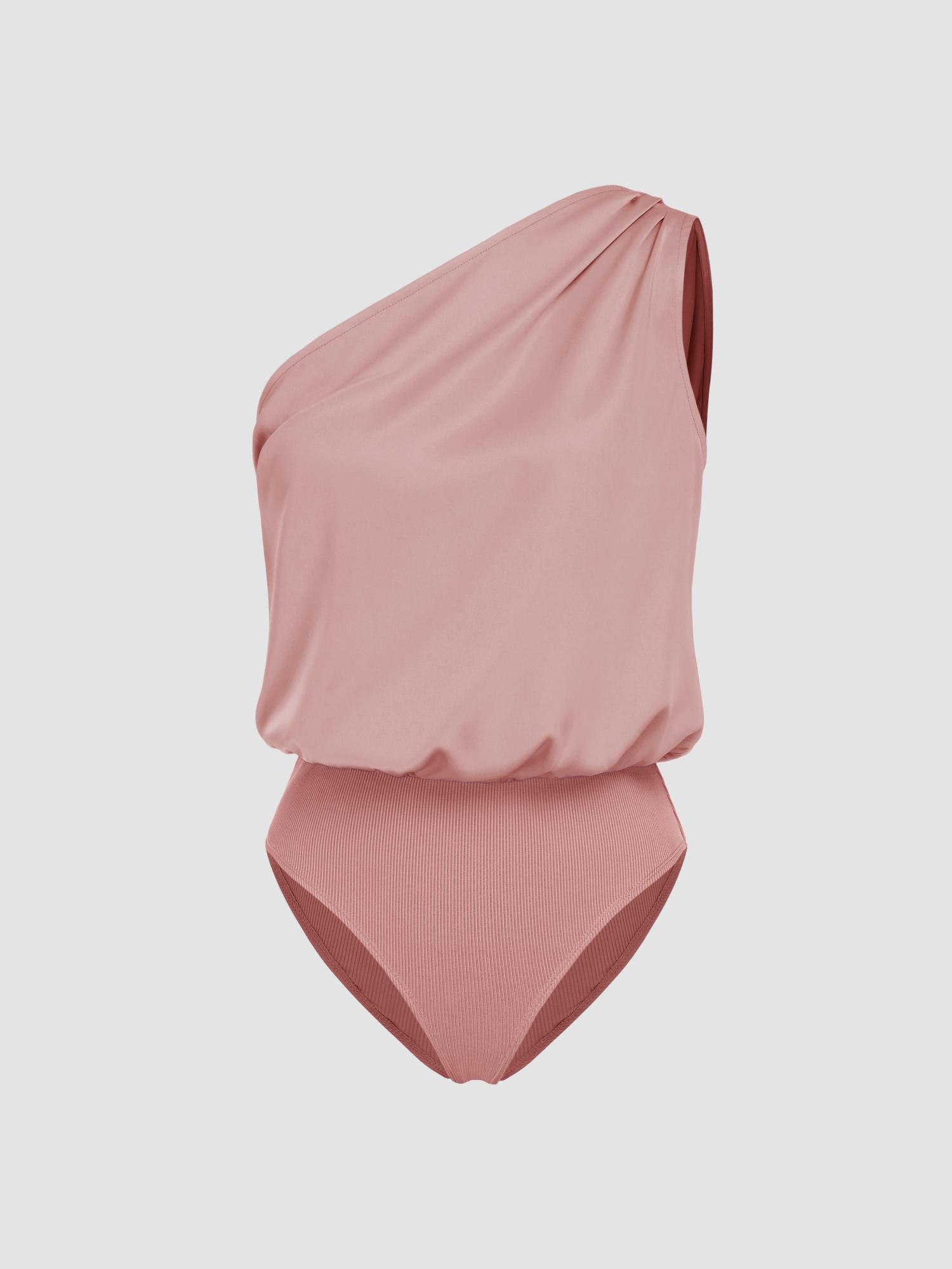 pink satin asymmetrical neck solid bodysuit