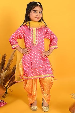 pink satin bandhani printed & embroidered kurta set for girls
