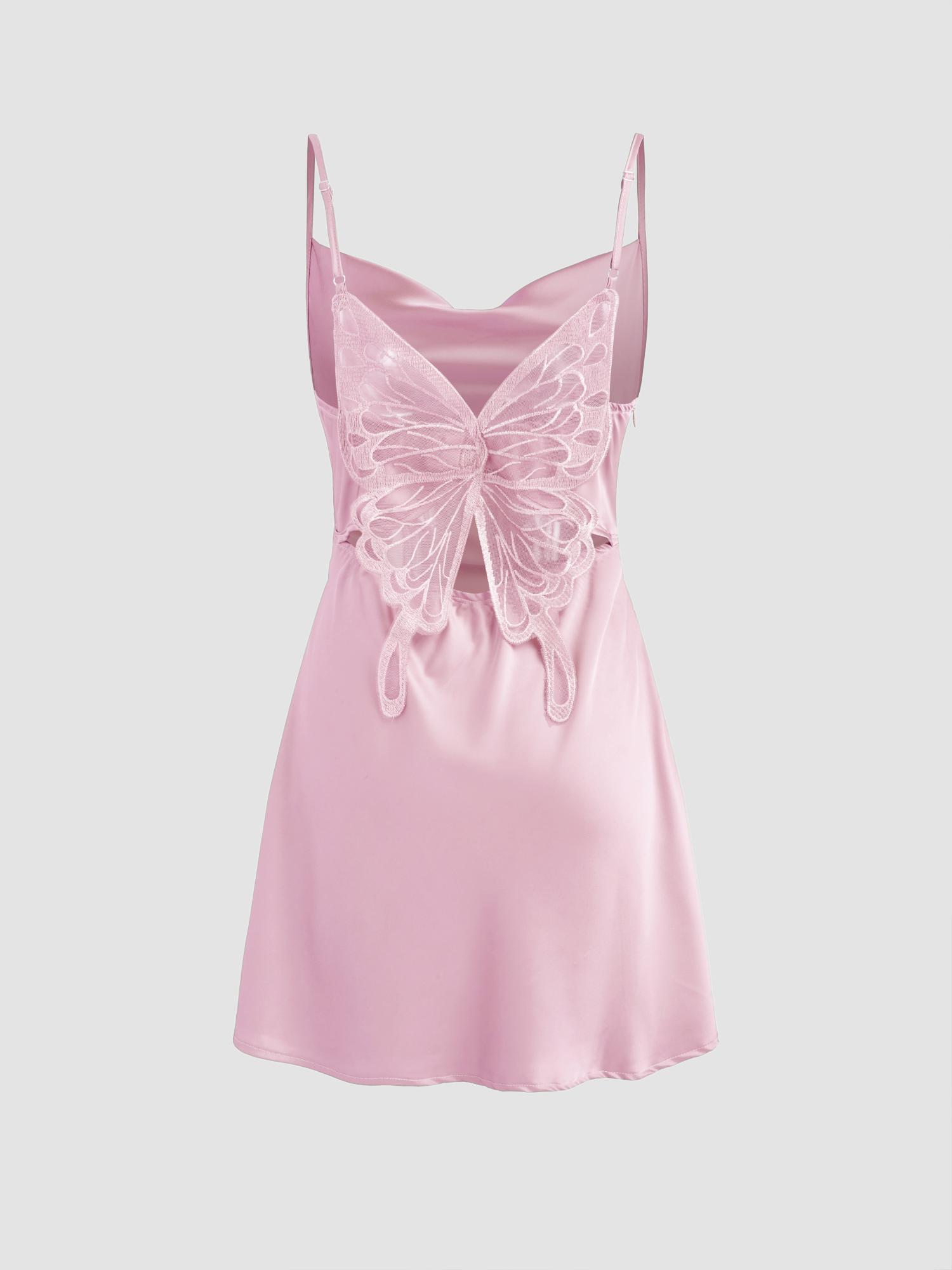 pink satin cowl neck ruched butterfly mini dress