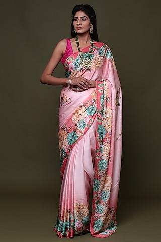 pink satin digital printed shaded saree set