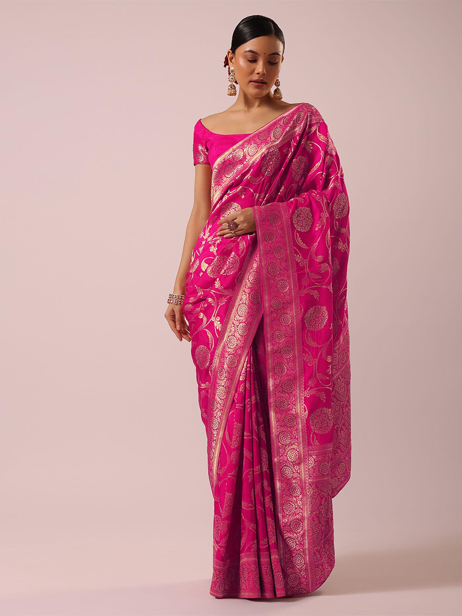 pink satin floral jal woven weaves saree with unstitched blouse