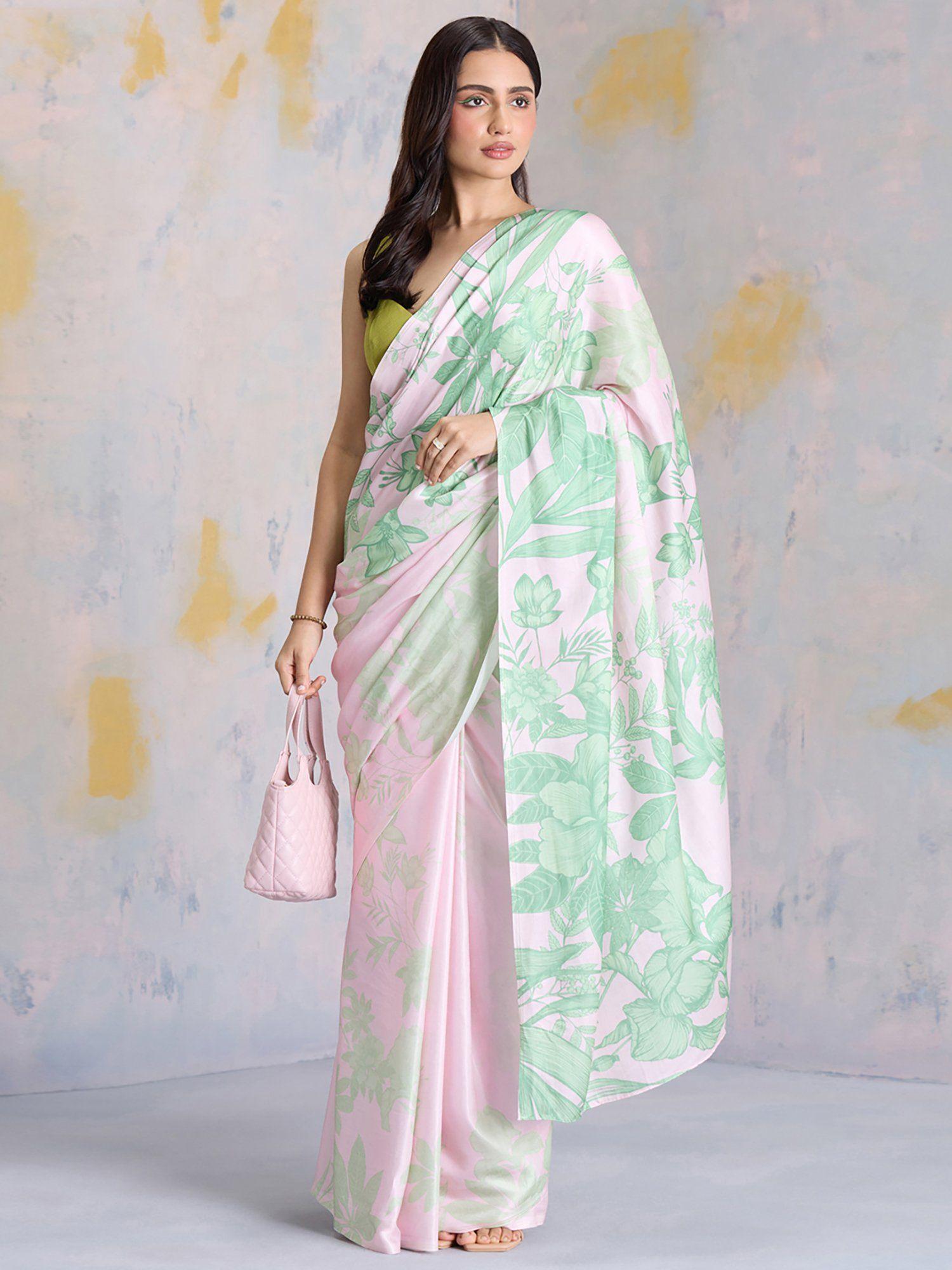 pink satin floral print saree with unstitched blouse