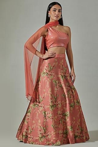 pink satin floral printed handcrafted lehenga set