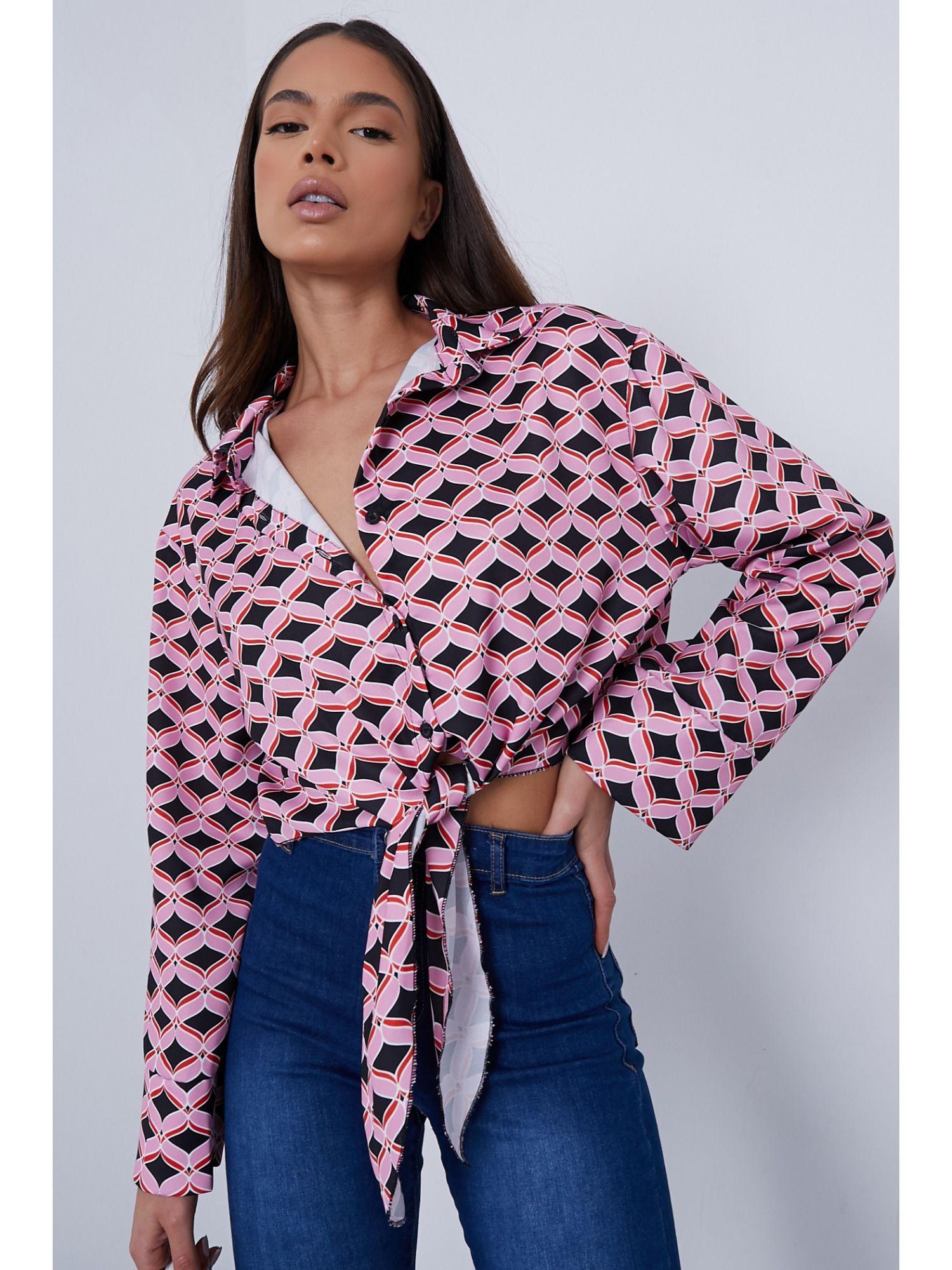 pink satin geometric print knot front shirt