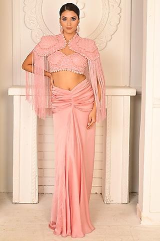 pink satin georgette crystal embroidered shoulder cape set