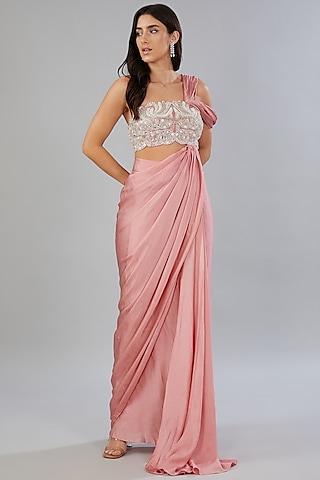 pink satin georgette draped saree