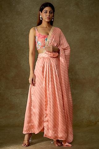 pink satin georgette pre-draped printed saree set