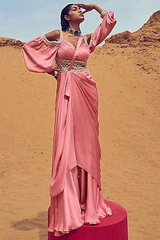 pink satin georgette saree hand embroidered saree gown