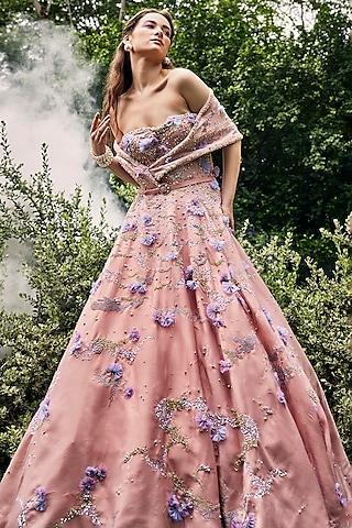 pink satin hand embroidered flared gown