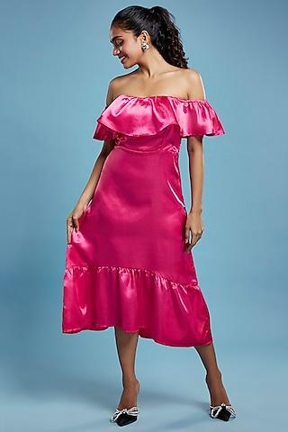 pink satin off-shoulder midi dress