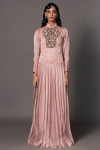 pink satin organza mukaish embroidered hand-pleated gown